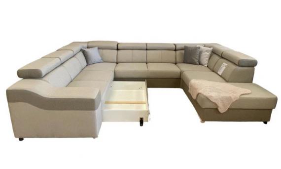 Photo U-shaped sofa - Angela. Pull-out bed and reclining headrests + drawer 7 seats, Light gray / Dark gray, 335x260