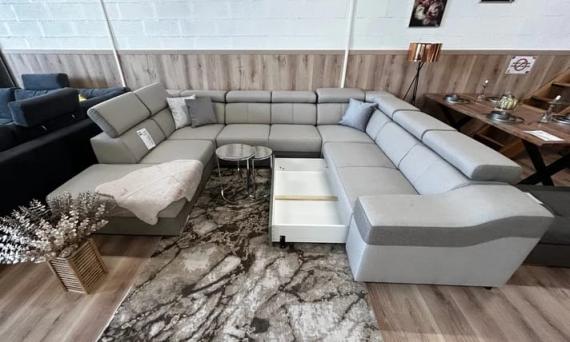 Photo U-shaped sofa - Angela. Pull-out bed and reclining headrests + drawer 7 seats, Light gray / Dark gray, 335x260