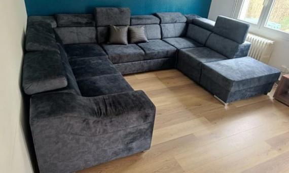 Photo U-shaped sofa - Angela. Pull-out bed and reclining headrests + drawer 7 seats, Black / fabric, 335x260
