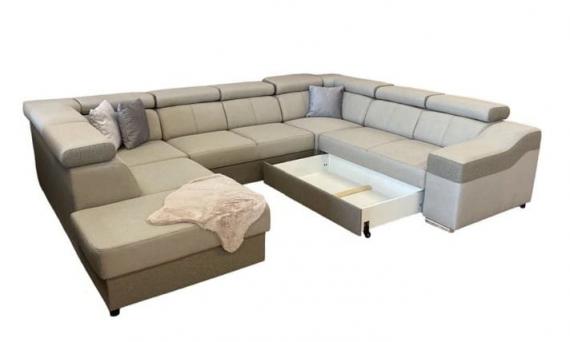 Photo U-shaped sofa - Angela. Pull-out bed and reclining headrests + drawer 7 seats, Black / fabric, 335x260