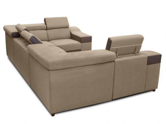 Photo U-shaped sofa - Angela. Pull-out bed and reclining headrests + drawer 7 seats, Beige / Brown, 335x260
