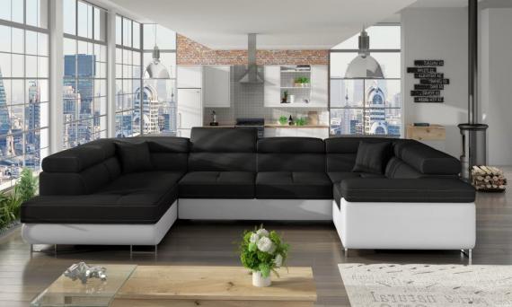 Foto SOFÁ CAMA CON ARCÓN FORMA DE U REPOSACABEZAS RECLINABLES 340 CM X 202 CM LETTO NEGRO TELA/BLANCO POLIPIEL