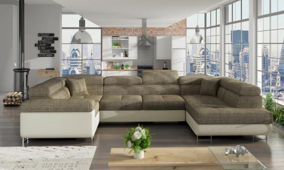 Foto SOFÁ CAMA CON ARCÓN FORMA DE U REPOSACABEZAS RECLINABLES 340 CM X 202 CM LETTO BEIGE TELA/BEIGE POLIPIEL