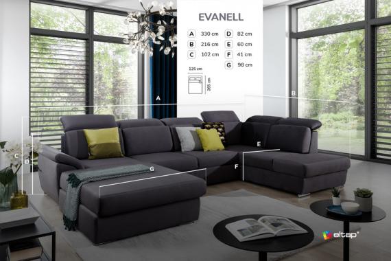 Фото Современный диван в форме U - Evanell. С выдвижной кроватью и бельевым ящиком (2 шезлонга), Черный, 330x216