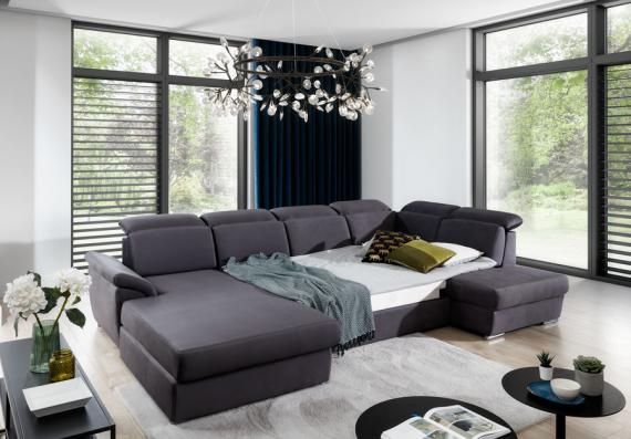 Фото Современный П-образный диван - Evanell. С выдвижной кроватью и ящиком для хранения (2 шезлонга), серый / белый, ткань / экокожа, 330x216