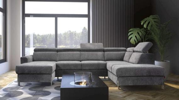 Foto SOFÁ GRANDE I FORMA DE U I REPOSACABEZAS RECLINABLES I CON CAMA EXTRAIBLE ESTILO NÓRDICO Y DOS ARCONES  335 CM X 240 CM ULISSESA GRIS TELA