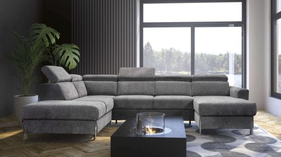 Foto SOFÁ GRANDE I FORMA DE U I REPOSACABEZAS RECLINABLES I CON CAMA EXTRAIBLE ESTILO NÓRDICO Y DOS ARCONES  335 CM X 240 CM ULISSESA GRIS TELA
