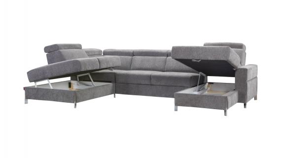 Foto SOFÁ GRANDE I FORMA DE U I REPOSACABEZAS RECLINABLES I CON CAMA EXTRAIBLE ESTILO NÓRDICO Y DOS ARCONES  335 CM X 240 CM ULISSESA GRIS TELA