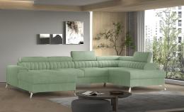 Large U-shaped sofa with bed and storage, high legs, 354 cm x 202 cm, olive green lacquer