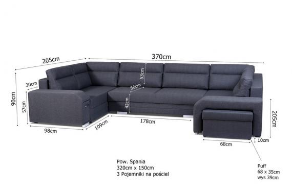 Photo Large U-shaped sofa with bed and 3 storage compartments – ALVARES U, Light gray, 370x205