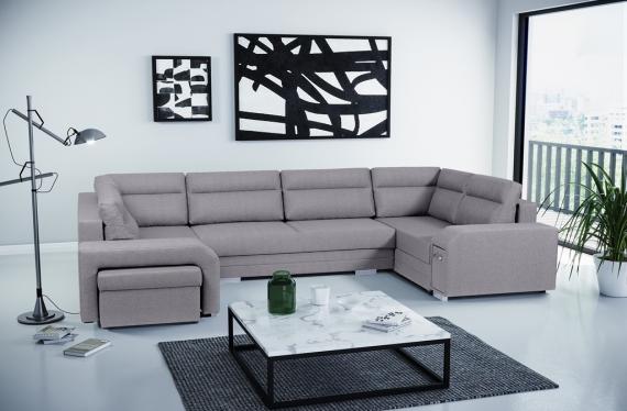 Photo Large U-shaped sofa with bed and 3 storage compartments – ALVARES U, Light gray, 370x205