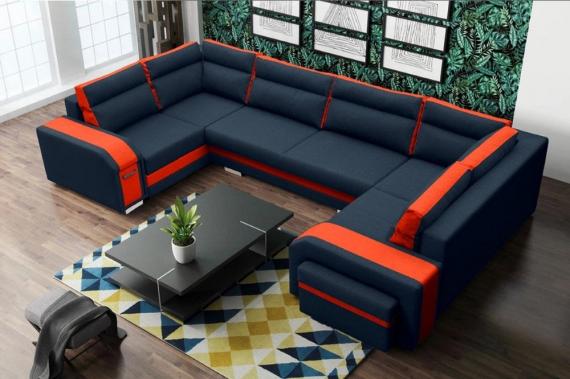 Photo Large U-shaped sofa with bed and 3 storage compartments - ASSAN, Blue/Orange, 370x205