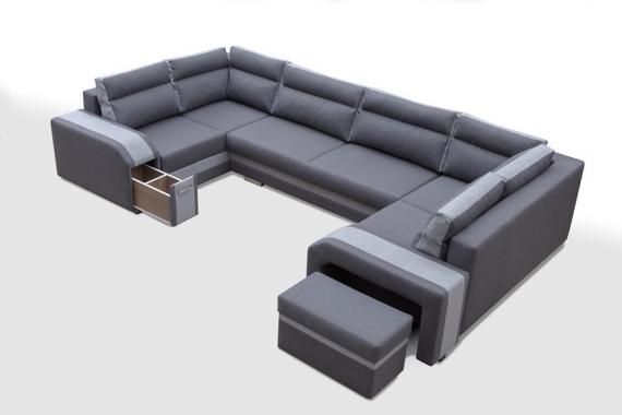 Photo Large U-shaped sofa with bed and 3 storage compartments - ASSAN, Blue/Orange, 370x205