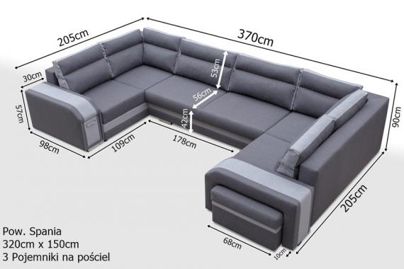 Photo Large U-shaped sofa with bed and 3 storage compartments - ASSAN, Blue/Orange, 370x205