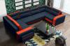 Photo Large U-shaped sofa with bed and 3 storage compartments - ASSAN, Blue/Orange, 370x205