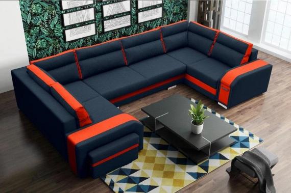 Photo Large U-shaped sofa with bed and 3 storage compartments - ASSAN, Blue/Orange, 370x205