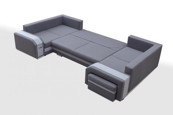 Photo Large U-shaped sofa with bed and 3 storage compartments - ASSAN, Blue/Orange, 370x205