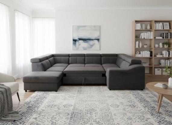 Photo U-shaped sofa - Angela. Pull-out bed and reclining headrests. 7 seats, Gray, 335x260
