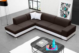 Corner sofa bed with cushions - Barbados, Brown/White, Fabric/Faux leather, 285x220