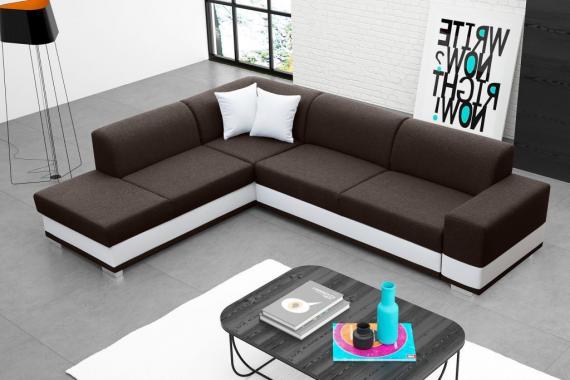 Photo Corner sofa bed with cushions - Barbados, Brown/White, Fabric/Faux leather, 285x220