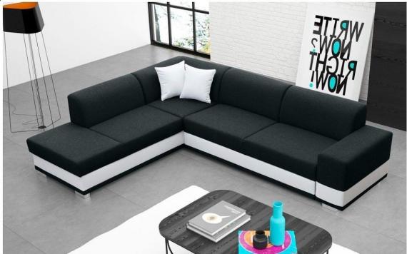 Photo Corner sofa bed with cushions - Barbados, Black/White, Fabric/Faux leather, 285x220