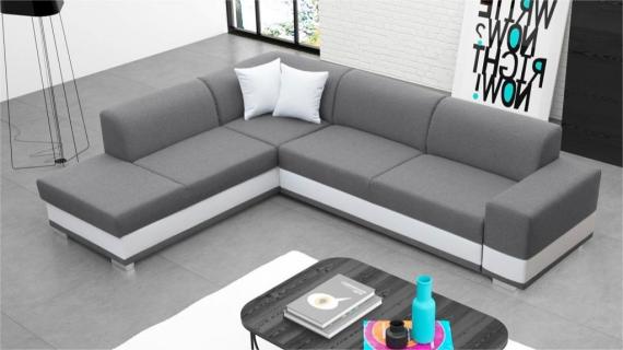 Photo Corner sofa bed with cushions - Barbados, Gray/White, Fabric/Faux leather, 285x220
