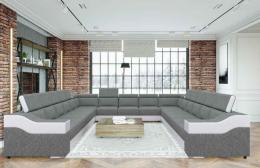 SOFÁ GRANDE 15 PLAZAS I FORMA DE U REPOSACABEZAS RECLINABLES Y BRAZOS ANCHOS 383 CM X 442 EVA GRIS TELA/BLANCO POLIPIEL