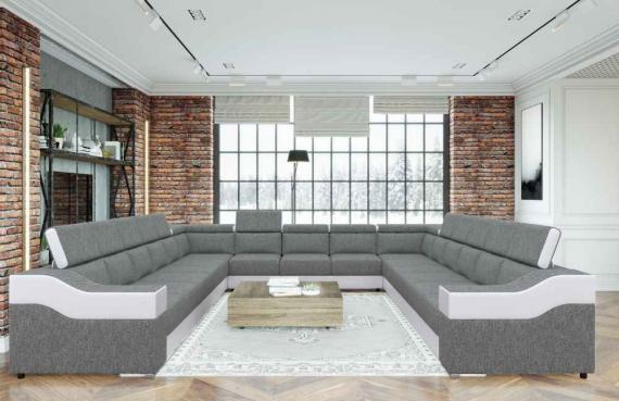 Foto SOFÁ GRANDE 15 PLAZAS I FORMA DE U I REPOSACABEZAS RECLINABLES Y BRAZOS ANCHOS 383 CM X 442 CM EVA GRIS TELA/BLANCO POLIPIEL