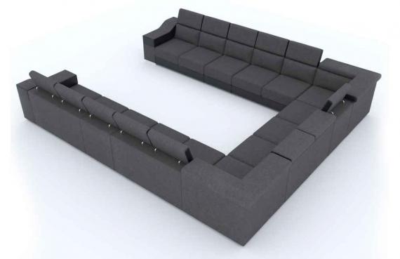 Photo Corner sofa with high headrests and backrests, 15 seats – Eva, Dark gray/Black-Fabric/Faux leather