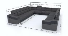 SOFÁ GRANDE 15 PLAZAS I FORMA DE U REPOSACABEZAS RECLINABLES Y BRAZOS ANCHOS 383 CM X 442 EVA GRIS OSCURO TELA/NEGRO POLIPIEL