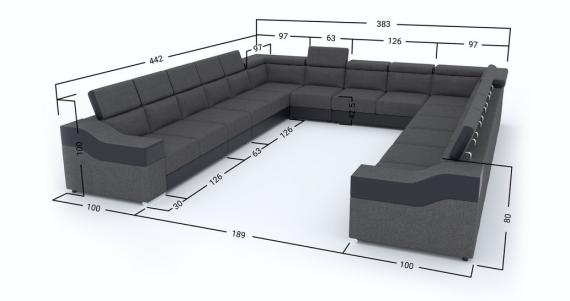 Photo Corner sofa with high headrests and backrests, 15 seats – Eva, Dark gray/Black-Fabric/Faux leather