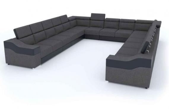 Photo Corner sofa with high headrests and backrests, 15 seats – Eva, Dark gray/Black-Fabric/Faux leather