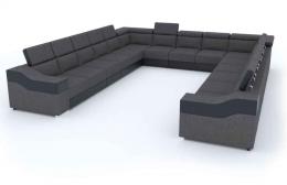SOFÁ GRANDE 15 PLAZAS I FORMA DE U REPOSACABEZAS RECLINABLES Y BRAZOS ANCHOS 383 CM X 442 EVA GRIS OSCURO TELA/NEGRO POLIPIEL