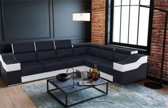 Foto Sofá rinconera con altos reposacabezas y respaldos, 6 plazas – Eva, polipiel, negro/blanco