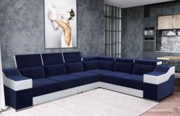 Sofá rinconera con altos reposacabezas y respaldos, 6 plazas – Eva, azul tela/blanco polioiel