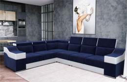 Sofá rinconera con altos reposacabezas y respaldos, 6 plazas – Eva, azul tela/blanco polioiel