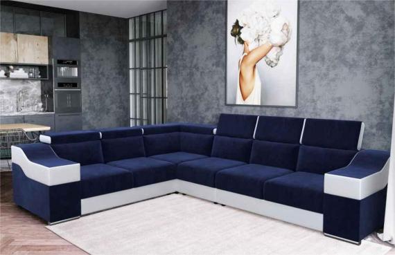 Photo Corner sofa with high headrests and backrests, 6-seater – Eva Blue fabric / white faux leather