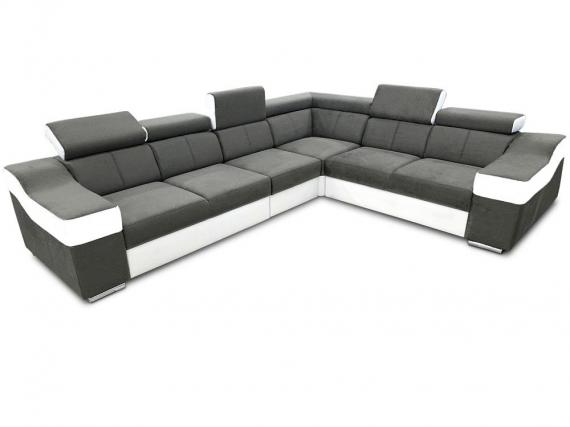 Foto Sofá rinconera con altos reposacabezas y respaldos, 6 plazas – Eva, Tela, Gris + Blanco