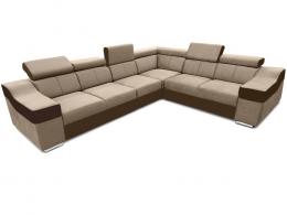 Sofá rinconera con altos reposacabezas y respaldos, 6 plazas – Eva, Tela y polipiel, Beige + marrón
