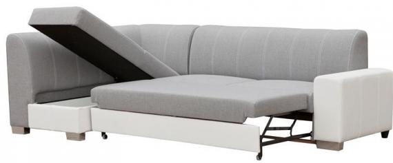 Photo Corner sofa bed with storage compartment and ottoman — MINISTER, Gray/White, Fabric/Faux leather, 277x167