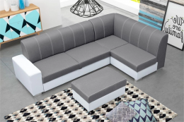Corner sofa bed with storage compartment and ottoman — MINISTER, Gray/White, Fabric/Faux leather, 277x167