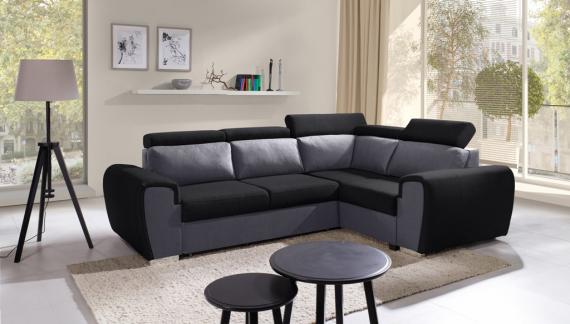 Photo Corner sofa bed with storage compartment and reclining headrests - WIZARO, Gray/Black, 262x191