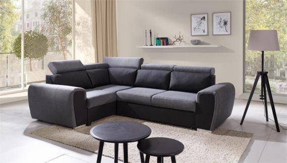 Photo Corner sofa bed with storage compartment and reclining headrests - WIZARO, Gray/Black, 262x191