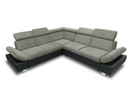 Sofá rinconera con cama, baúl extraíble y reposabrazos reclinables – Happy, Gris/Negro, Tela/Polipiel, 265x250