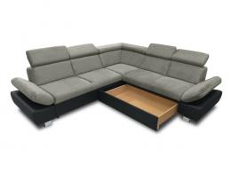 Sofá rinconera con cama, baúl extraíble y reposabrazos reclinables – Happy, Gris/Negro, Tela/Polipiel, 265x250