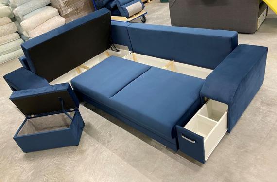 Photo Corner sofa with ottoman, bed and 2 storage compartments – Alvares, Blue, 305x205
