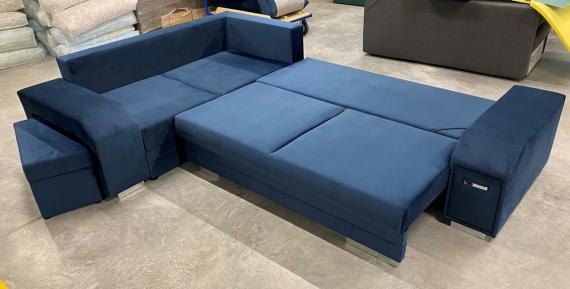 Photo Corner sofa with ottoman, bed and 2 storage compartments – Alvares, Blue, 305x205