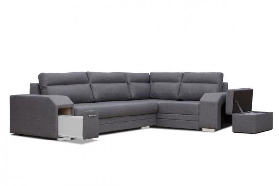 Photo Corner sofa with pouf, bed and 2 storage compartments – Alvares, Dark Gray, 305x205