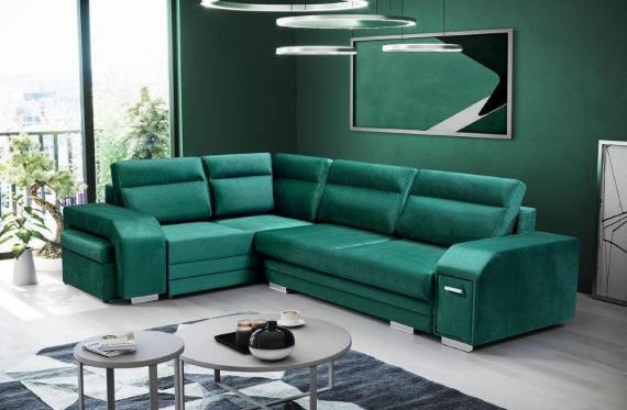 Photo Corner sofa with pouf, bed and 2 storage compartments – Alvares, Green, 305x205