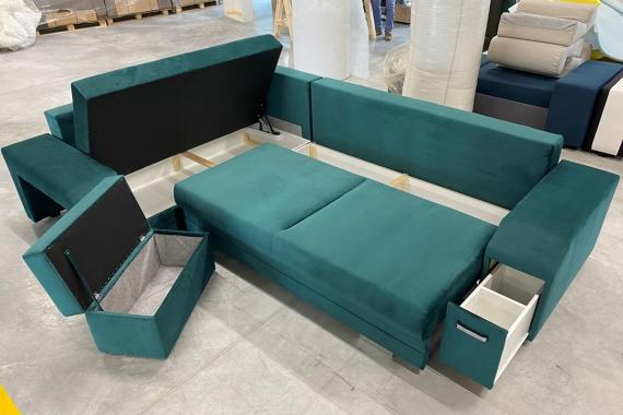 Photo Corner sofa with pouf, bed and 2 storage compartments – Alvares, Green, 305x205